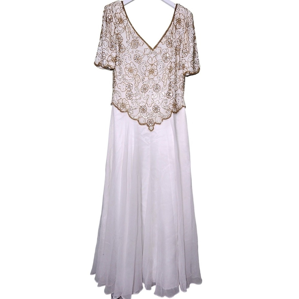 Vintage Scala‎ Beaded Chiffon Gown M Ivory Gold Floral Formal Dress Wedding